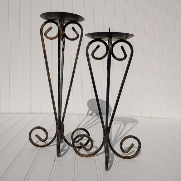 Pair of Wrought Iron Candle Holders Black Gold Scroll French Country Candlestick - Picture 11 of 11